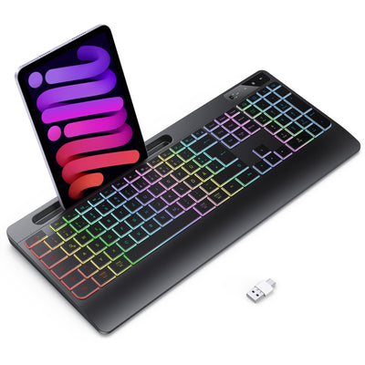 TECURS Gaming Tastatur Kabellos-Leise, Ergonomisch, 2 in 1 USB A/C, Multimedia-Tasten, Handy Halter, Kabellose Tastatur Beleuchtet Wireless für PC/Windows/Mac, QWERTZ Deutsche Layout(Schwarz)