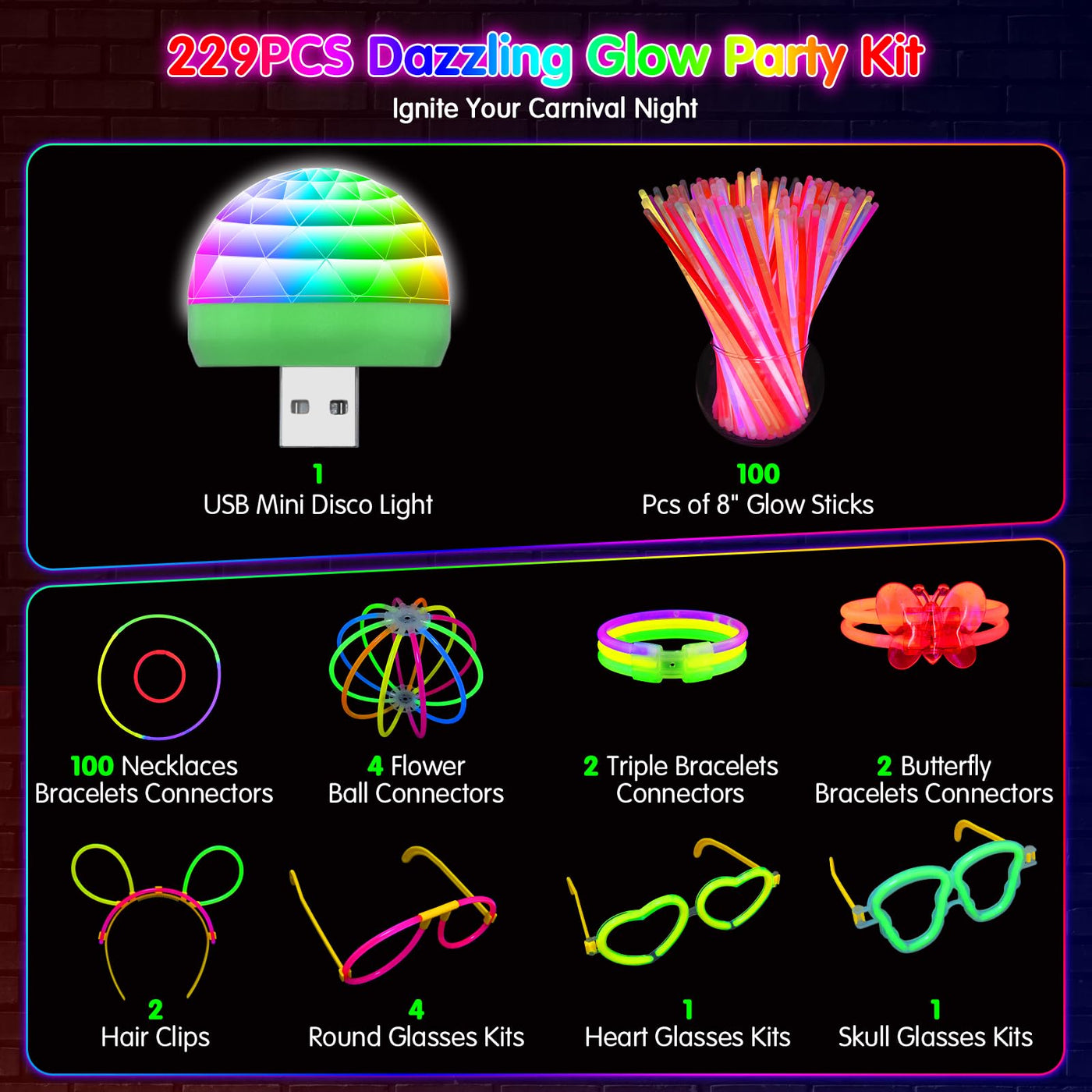 MOSSNDAR Knicklichter Party Set,Leuchtstäbe Kinder,229 Stück Knicklichter und Zubehör,Neon Party Deko,Festival Zubehör,Geeignet für Weihnachtsdeko,Silvester Party Deko 2026,Silvester Feuerwerk