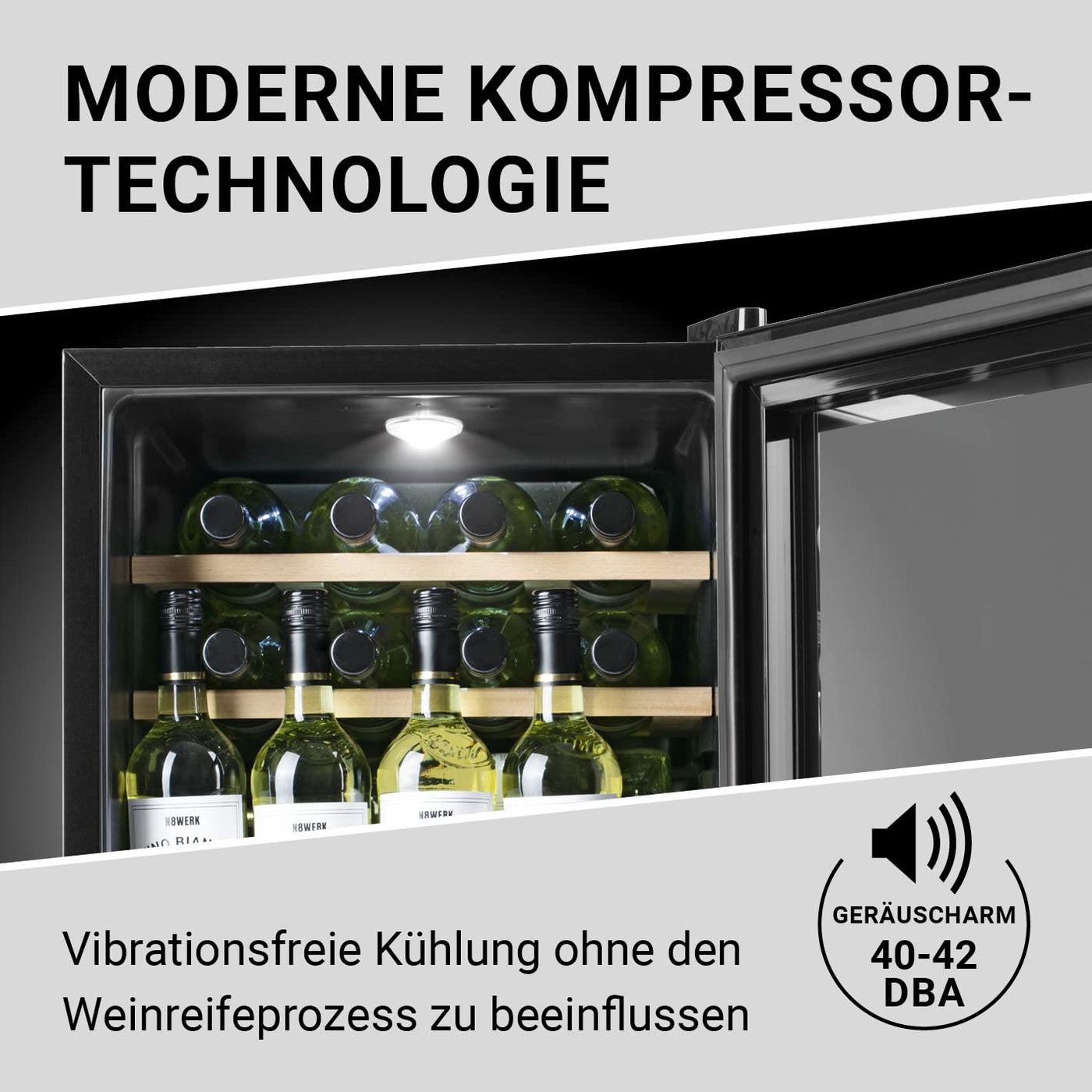 N8WERK Weinkühlschrank für bis zu 15 Flaschen Wein | Leise Kompressortechnologie, freistehend, Temperaturbereich 4 °C - 18 °C, Thermoverglasung | LC-Display, LED-Beleuchtung