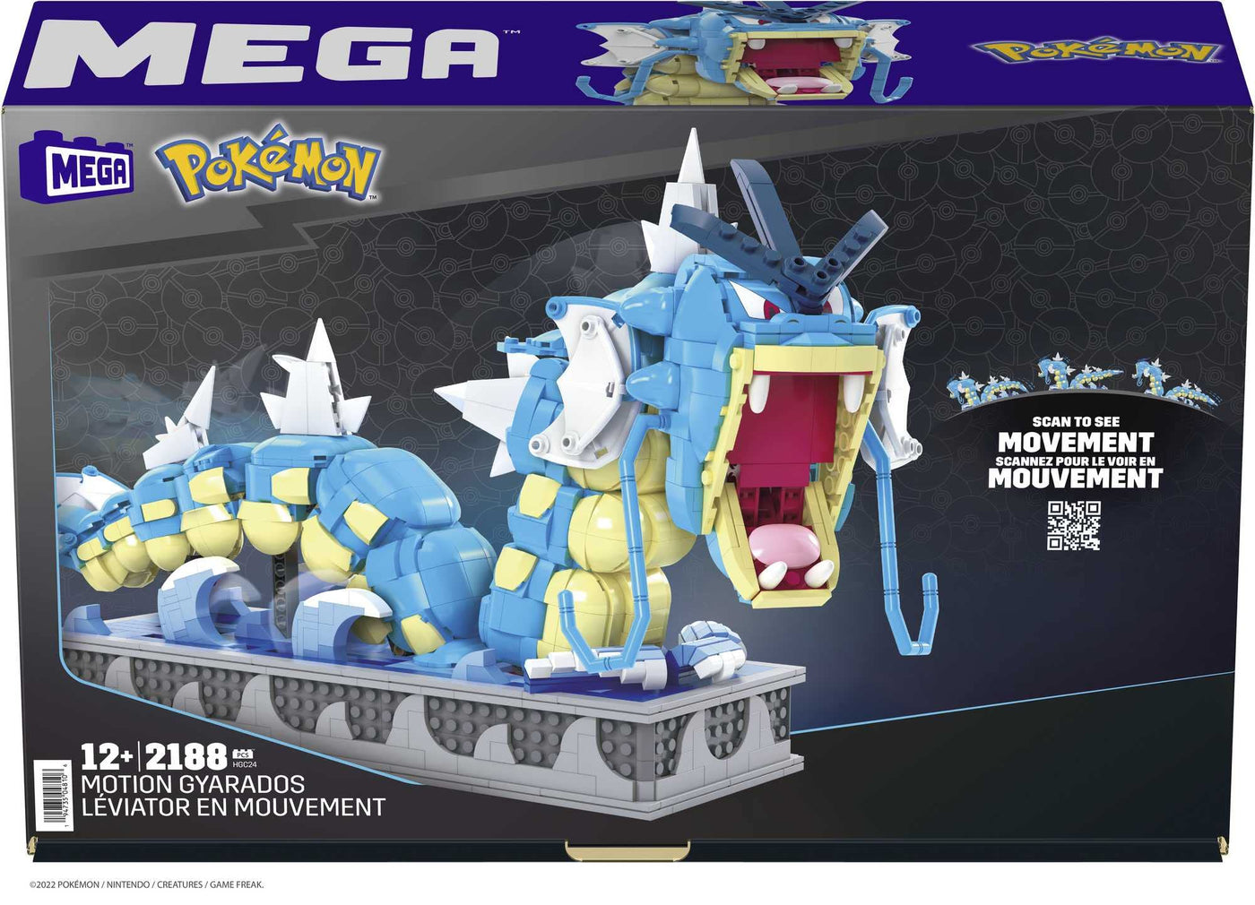 Mega Pokémon Figuren Bauset Garados, 2.186 Teile, vollständig mechanisiertes und bewegliches Bauspielzeug mit Display-Ständer, Pokémon Spielzeug, Spielzeug ab 12 Jahren, HGC24