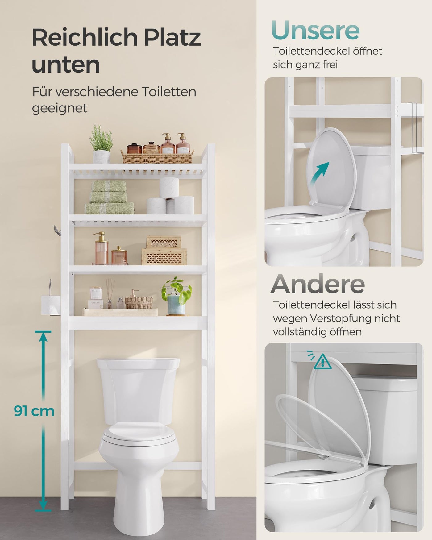 SONGMICS Toilettenregal, Badezimmerregal, 4-stöckiges Badregal, verstellbare Ablagen, platzsparend, geeignet für die meisten Toiletten, wolkenweiß BTS041W01