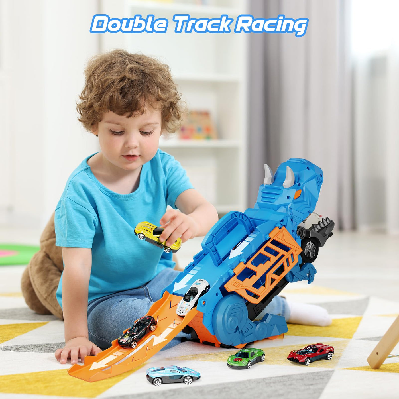 Shawe Dinosaurier Transporter Truck Auto Spielzeug ab 3 4 5 6 Jahre mit 6 Die-Cast-Fahrzeugen, Autorennbahn Aufbewahrung Verschlucken Transformierbar Spielzeugautos Geschenk für Jungen Mädchen Kinder