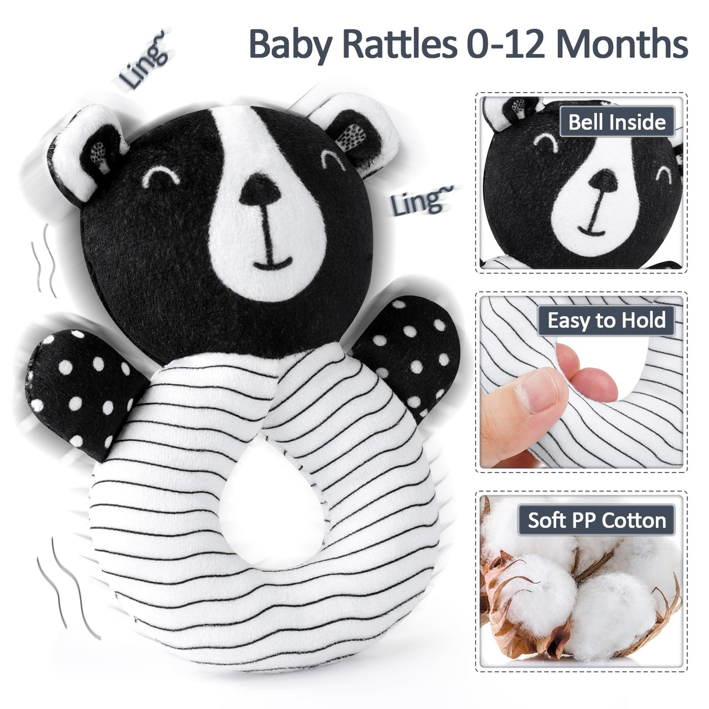 Joyreal Kinderwagen Spielzeug - Schwarz Weiss Spielzeug Stoffbuch, Kontrastbuch Baby, Kontrastkarten Baby, Sensorik Kontrast Spielzeug, Neugeborenen