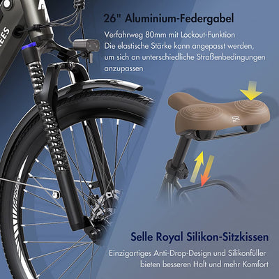 Fafrees F26 Pro ebike 14.5Ah Akku, Elektrofahrrad 250W 26 Zoll, City e-Bike 25km/h, e Bike Herren Damen, E-Fahrrad Support Mobile APP, Reichweite bis zu 55-110Km, Grau
