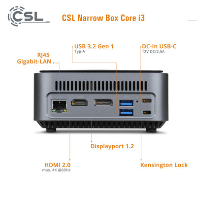 Mini PC CSL Narrow Box Core i3 Windows 11 Pro, Intel Core i3-N305 8X 3800 MHz Turbotakt, 1000 GB M.2 SSD, 16 GB DDR4-RAM, Intel UHD Grafik, HDMI 2, USB 3.2, BT 5.2, DisplayPort, Dual WLAN