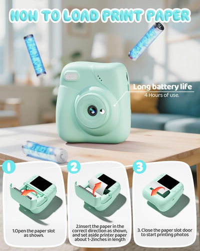 CAMCLID Kinderkamera Sofortbildkamera, 1080P Sofortbildkamera Kinder mit 32GB Karte & 3 Rollen Druckpapier, 48MP Digitalkamera Kinder Kamera, Geschenk für Jungen und Mädchen 3-12 Jahre (Grün)
