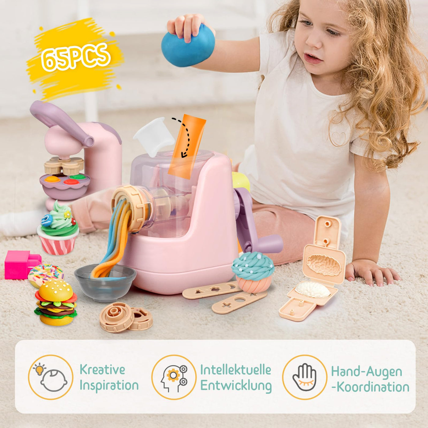 JONRRYIN Knete Set für Kinder, 65 Stück Knete Zubehör Knetwerkzeug mit 12 Modelliermasse, Kreatives Kinderknete Dough Nudelmaschine Spielset Geschenk für Mädchen & Junge (Rosa)
