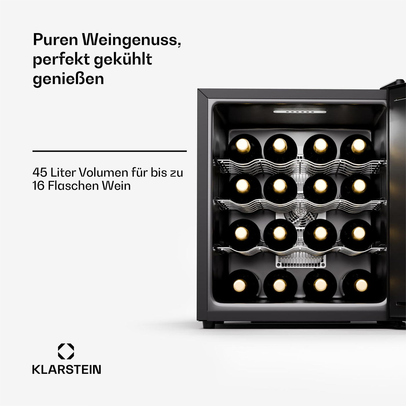 Klarstein Freistehender Weinkühlschrank, 1 Zonen Getränkekühlschrank Klein, Kleiner Weinschrank, Wein-Kühlschrank mit Glastür, Leiser Flaschenkühlschrank für Wein & Bier, 5-22°C, 16 Flaschen