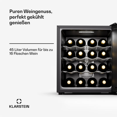 Klarstein Freistehender Weinkühlschrank, 1 Zonen Getränkekühlschrank Klein, Kleiner Weinschrank, Wein-Kühlschrank mit Glastür, Leiser Flaschenkühlschrank für Wein & Bier, 5-22°C, 16 Flaschen