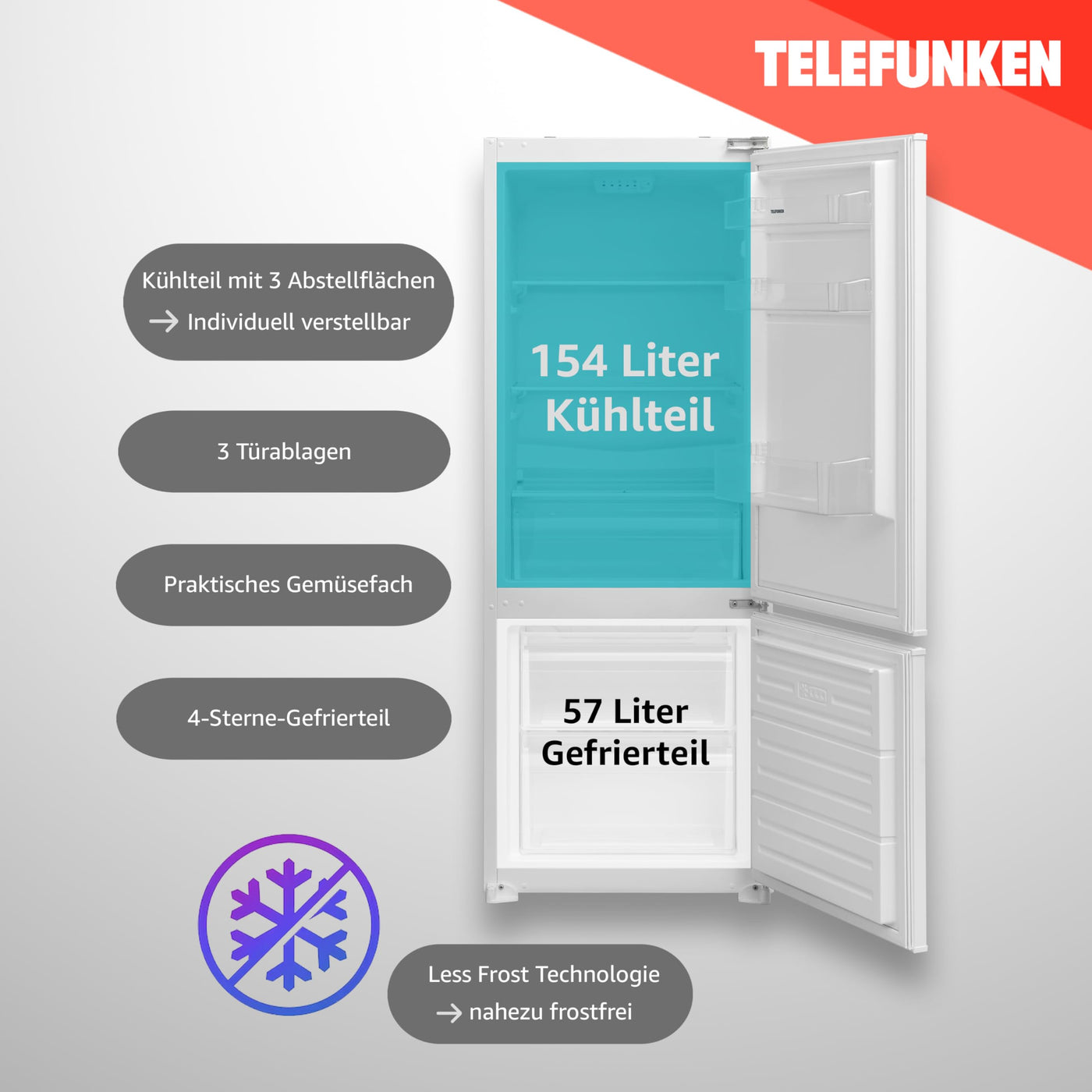 TELEFUNKEN Einbau-Kühl-Gefrierkombination | Einbaukühlschrank mit Gefrierfach (4-Sterne) | 144cm Nische | 211 Liter Gesamt-Nutzinhalt | Schlepptür | Less Frost | Temperaturregelung | C-EKG-144-ST-E