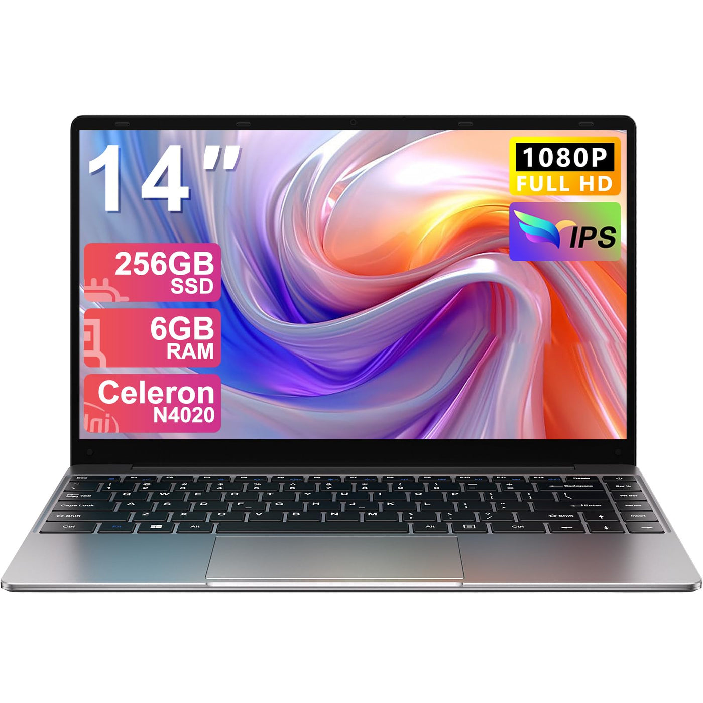 NOTODD 2025 Laptop 14 Zoll Win 11 Pro 6GB RAM 256GB SSD Unterstützung 1TB (TF 1TB) Notebook Celeron N4020 (bis2.8GHz) 5000mAh 1920x1080p WiFi Deutscher Tastaturschutz und kabellose Maus-Grey