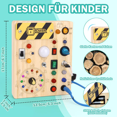 Busy Board Montessori Spielzeug ab 1 jahr Activity Board Holzspielzeug Mit 10 Schaltern und 23 LED Lichtern Sensorik Spielzeug Motorikspielzeug für Babys und Kinder ab 1 2 3 4 Jahre Jungen und Mädchen