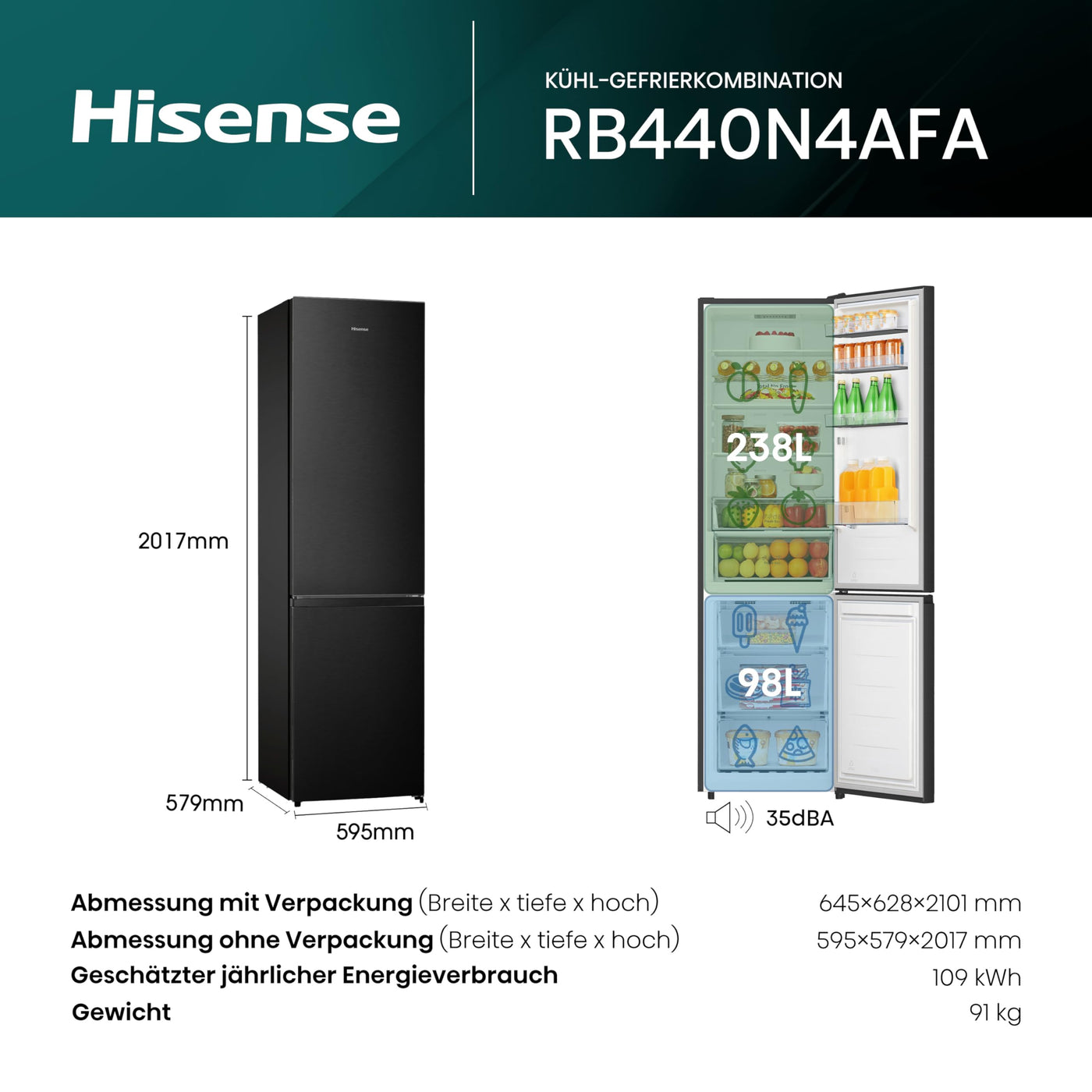 Hisense RB440N4AFA Kühl-Gefrier-Kombination/Höhe 201 cm/Kühlen 178 L/Gefrieren 98 L/LED Beleuchtung, Dark Inox