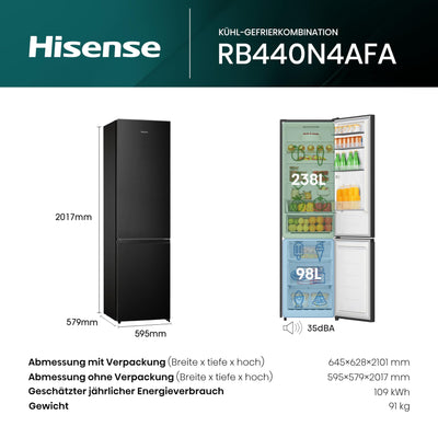 Hisense RB440N4AFA Kühl-Gefrier-Kombination/Höhe 201 cm/Kühlen 178 L/Gefrieren 98 L/LED Beleuchtung, Dark Inox