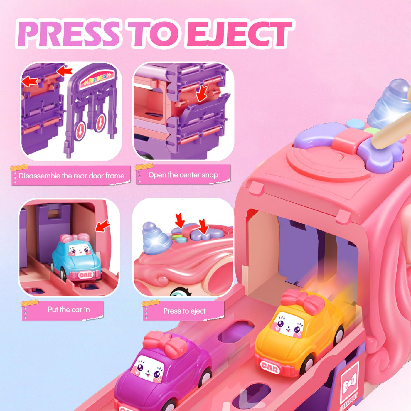 RoserRose Autotransporter Spielzeug ab 2 3 4 5 Jahre Mädchen, Einhorn Transport Truck Autotransporter mit Licht Musik und Rennbahn, LKW mit Autos Spielzeug Kinderspielzeug ab 2 Jahre Mädchen Geschenk