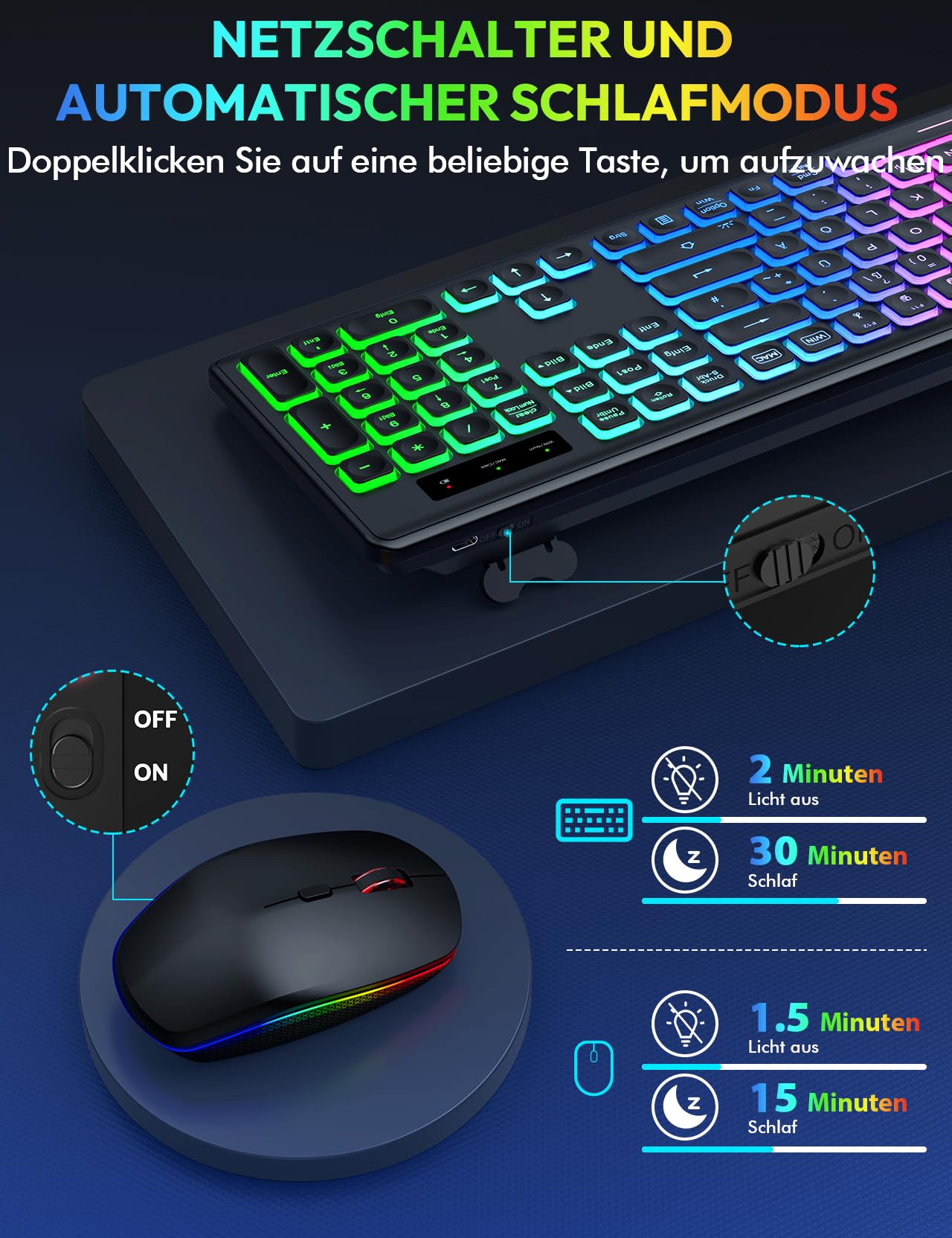 Tastatur Maus Set Kabellos Beleuchtete, wiederaufladbar & Automatischer Schlaf, verstellbare Höhe, 2,4 GHz LED leise USB-A & USB-C Funktastatur mit Maus, für Mac OS/Windows/PC/Laptop-Schwarz, QWERTZ