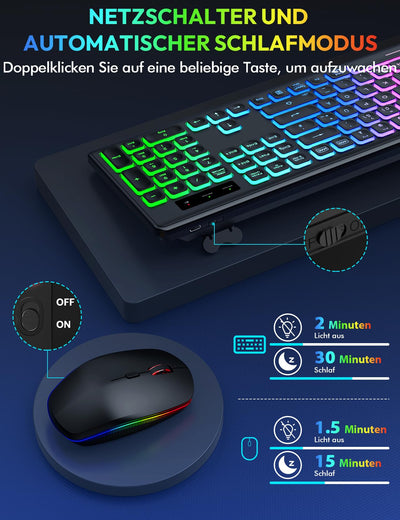 Tastatur Maus Set Kabellos Beleuchtete, wiederaufladbar & Automatischer Schlaf, verstellbare Höhe, 2,4 GHz LED leise USB-A & USB-C Funktastatur mit Maus, für Mac OS/Windows/PC/Laptop-Schwarz, QWERTZ