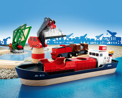 BRIO World 33061 Container Hafen Set - Mit Hafenbrücke und beweglichem Kran zum Beladen des Frachtschiffes - Geeignet für Kinder ab 3 Jahren