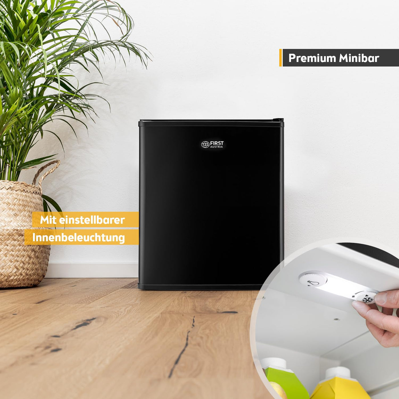 TZS First Austria lautloser Minikühlschrank | Getränkekühlschrank | Wechselbarer Türanschlag | LED-Beleuchtung | ohne Gefrierfach | 30L