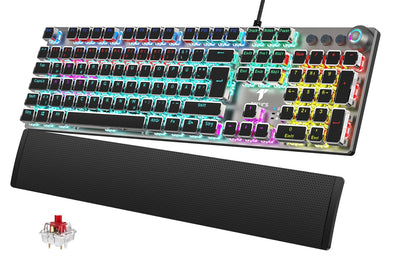 TECURS Mechanische Gaming Tastatur - QWERTZ Mechanical Keyboard mit Magnetische Handgelenkauflage, Multimedia-Tasten, 105 Tasten Kabelgebundene Rote Schalter Tastatur für PC/PS5/PS4, 19 LED Modi
