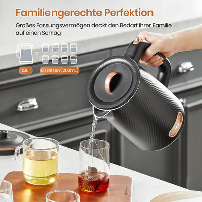 OLEGA Wasserkocher - 1800W Schnellaufheizender Elektrischer Teekessel BPA-freier 304 Edelstahl Elektrischer Wasserkocher mit Automatischer Abschaltung und Trockengehschutz Perfekt für die Familie 1.8L