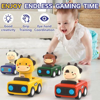 MOONTOY Auto Spielzeug ab 1 Jahr Jungen und Mädchen,4 Stück Spielzeugauto Baby-Tier-Rennwagen,Press-and-Go Spielfahrzeug Set für Kleinkinder 10 12 18 Monate,Geschenk für Kinder ab 1 2 3 Jahr