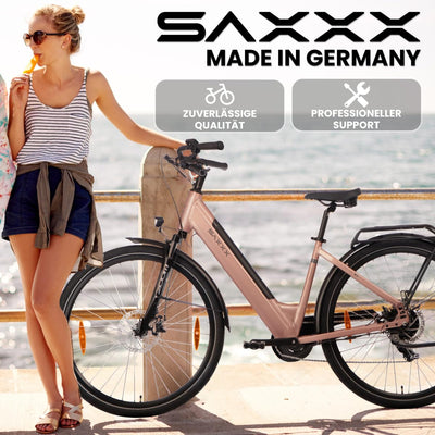 SAXXX E Bike Damen 28 Zoll Tiefeinsteiger mit 36V 13Ah Akku, Elektro Fahrrad Erwachsene mit Scheibenbremse, 7 Gang Kettenschaltung Pedelec mit Federgabel, Ebikes mit Gepäckträger für Damen/Frauen