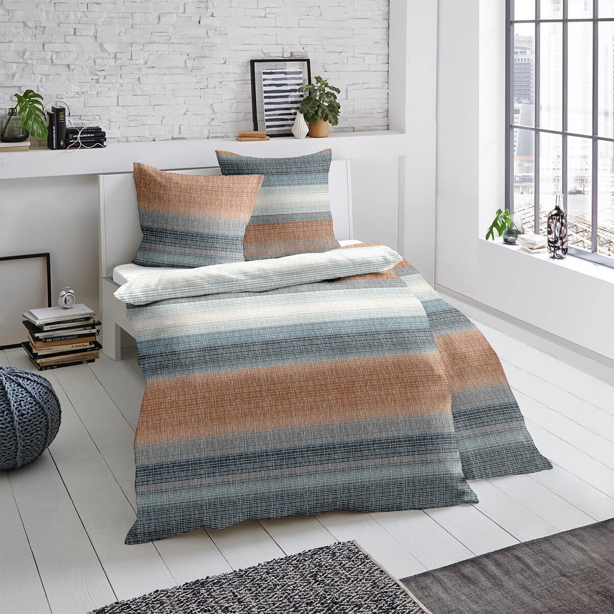 Traumschlaf Moderne Biber Bettwäsche Elverum blau kuschelig weich aus 100% Baumwolle mit Reißverschluss - Made in Germany 135x200 cm + 80x80 cm