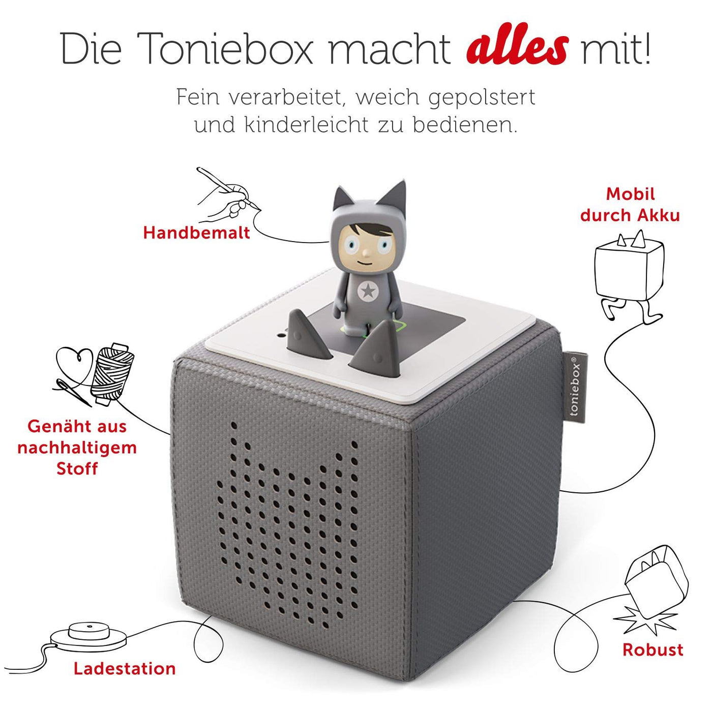 tonies Toniebox Starter Set inkl. 1 Kreativ Figur – Audioplayer für Hörbücher und Lieder für Kinder, einfach zu bedienende kabellose Musikbox BZW. Lautsprecher, 7 Std. Akku, Anthrazit