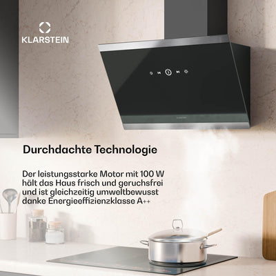 Klarstein FlashLine Dunstabzugshaube – 60 cm Kopffreihaube, Touchscreen, 524 m³/h, A++ Energieeffizienz, LED-Beleuchtung, leise 34,5 dB, Schwarz, Abluft- und Umluftbetrieb