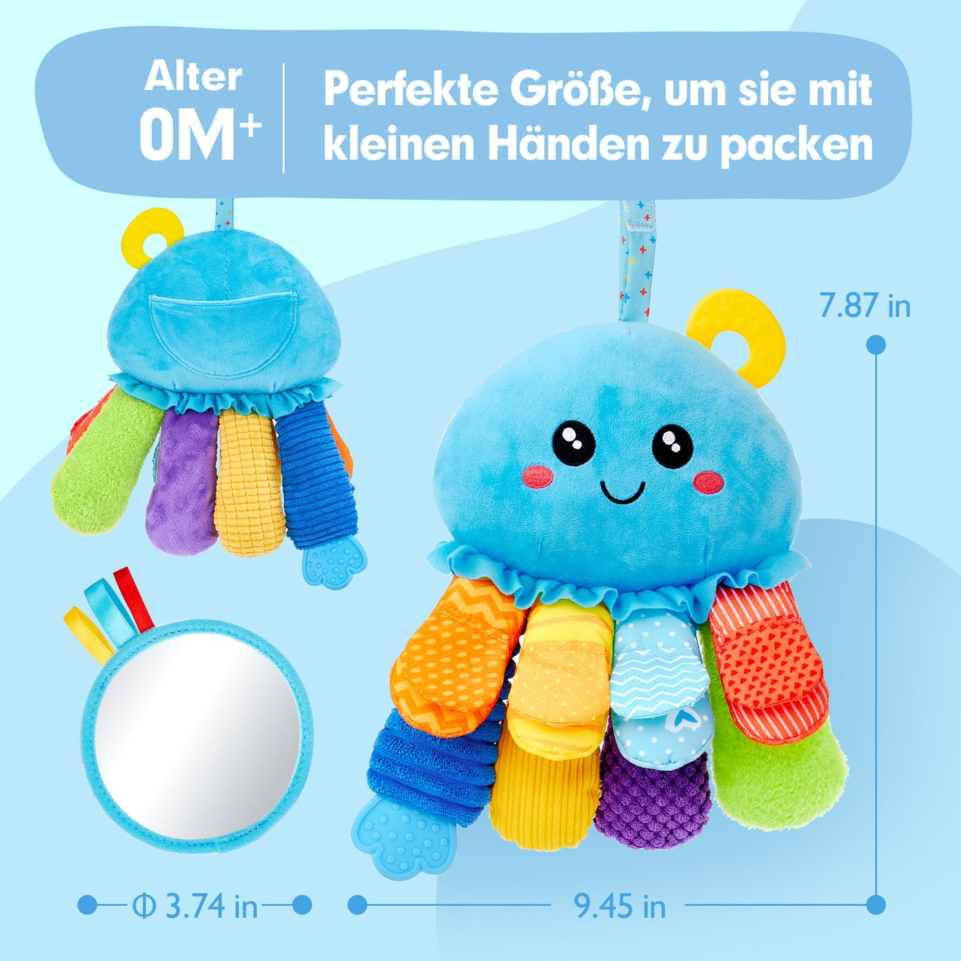 hahaland Oktopus Activity Sensorik Rassel mit Beißring,Spiegel,Baby Knister Spielzeug zum Greifen für Jungen und Mädchen 0 3 6 Monate,Neugeborene Geschenk, Montessori Greifling Spielzeug