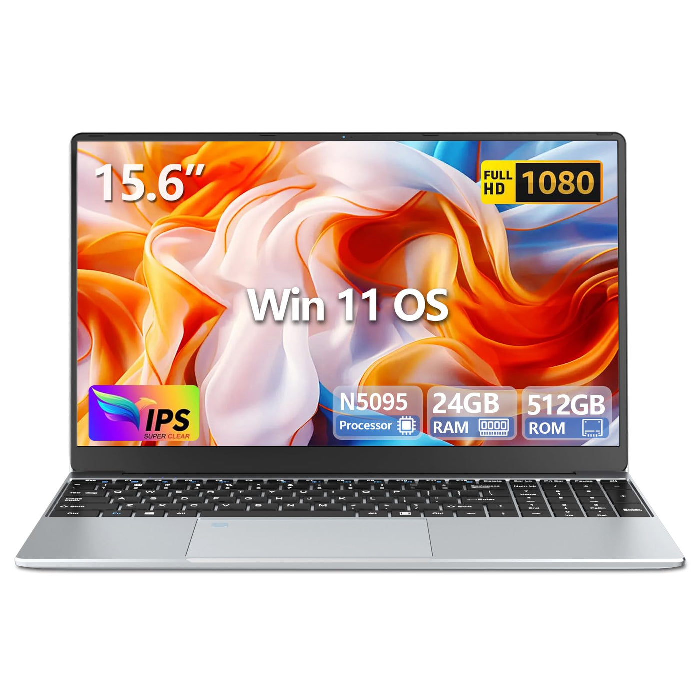 Win 11 Pro Laptop 15,6 Zoll, Notebook 24GB RAM 512GB SSD, Celeron N5095 Prozessor, Laptop FHD IPS 1920*1080 Display mit Tastatur mit Hintergrundbeleuchtung, Fingerabdruck-Entsperrung, WIFI 5 & BT 4.2