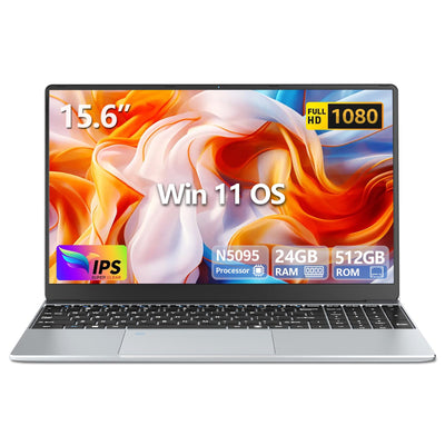 Win 11 Pro Laptop 15,6 Zoll, Notebook 24GB RAM 512GB SSD, Celeron N5095 Prozessor, Laptop FHD IPS 1920*1080 Display mit Tastatur mit Hintergrundbeleuchtung, Fingerabdruck-Entsperrung, WIFI 5 & BT 4.2
