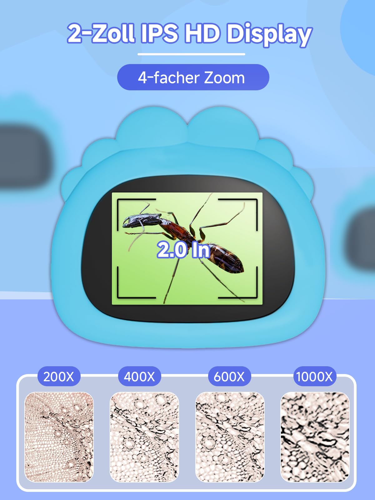Acoath Mikroskop für Kinder, Digitales Mikroskop mit 2,0" IPS-Bildschirm Lupe 200x Vergrößerung, 8 LED Lights Handy Microscope USB Taschenmikroskop - Blau
