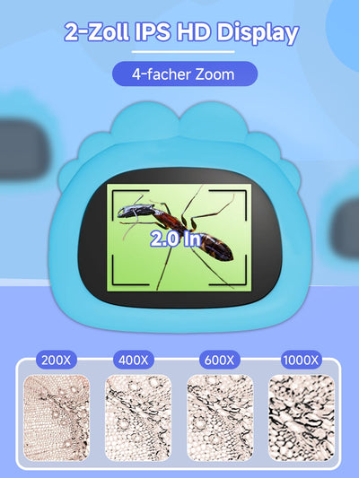 Acoath Mikroskop für Kinder, Digitales Mikroskop mit 2,0" IPS-Bildschirm Lupe 200x Vergrößerung, 8 LED Lights Handy Microscope USB Taschenmikroskop - Blau
