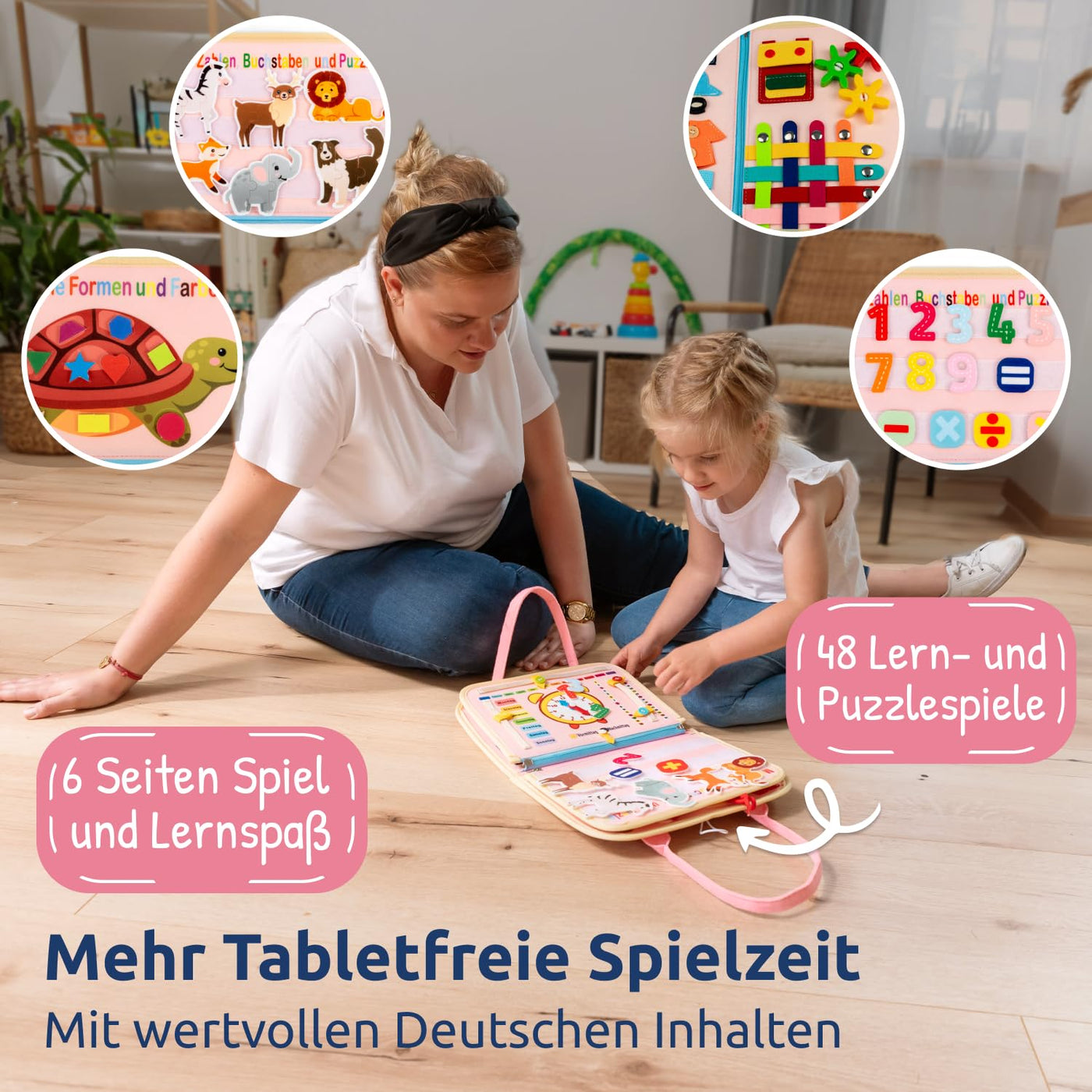 Mallie® Busy Board Deutsch inkl. Gratis Reisetasche & Montessori Buch und Perfekt für Reisen im Auto, Zug oder Flugzeug I100% BPA-Frei als Quiet Book & Busy Book I Activity Board Busy Book