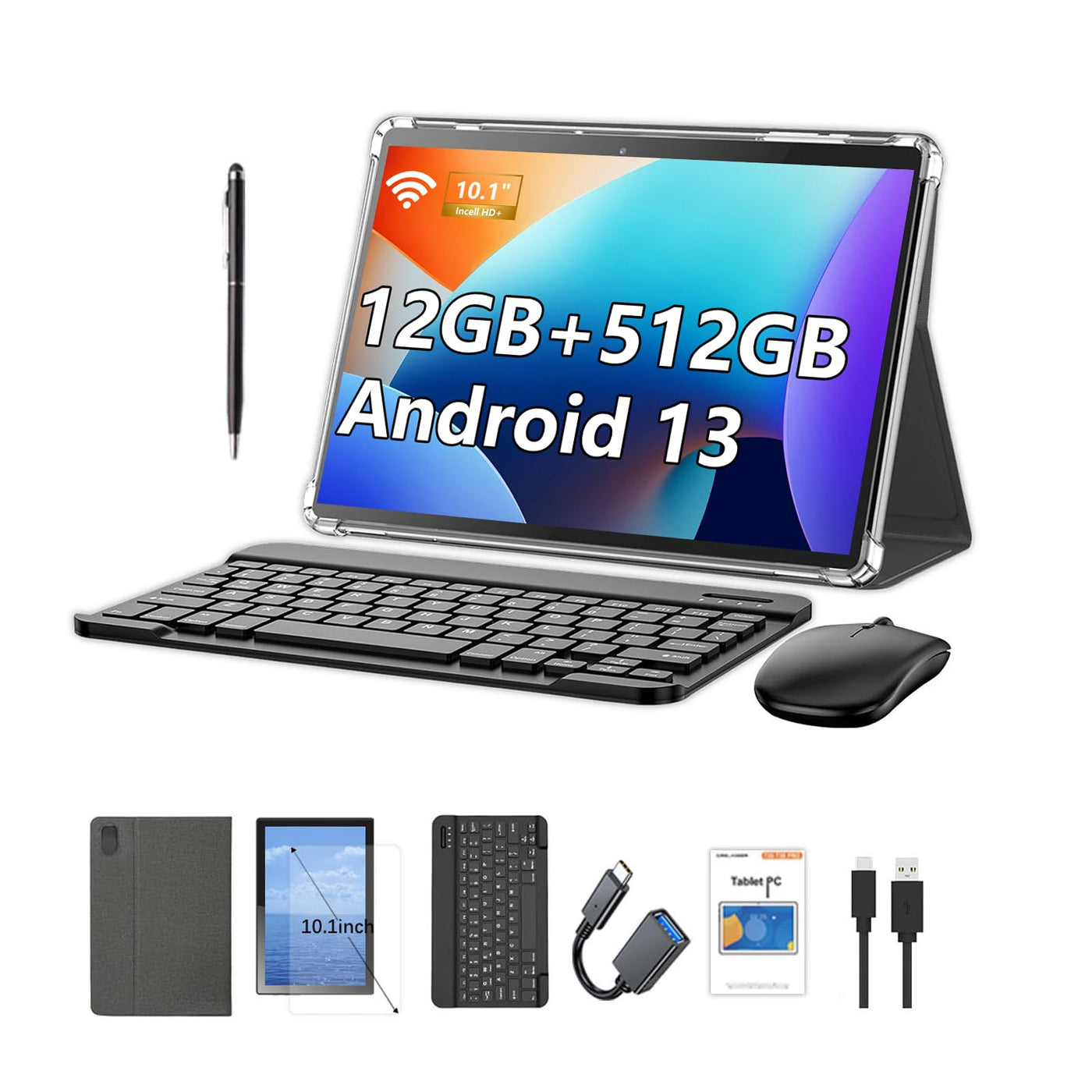 Crelander 10.1 Inch Android 13 Tablet mit SIM Card Slot 4G LTE Calling, 12GB+512GB, 8000mAh Battery, Dual Camera, Bluetooth/WiFi, Bundle mit Schutzhülle, Tastatur, Maus & Stylus (Grau Schwarz)