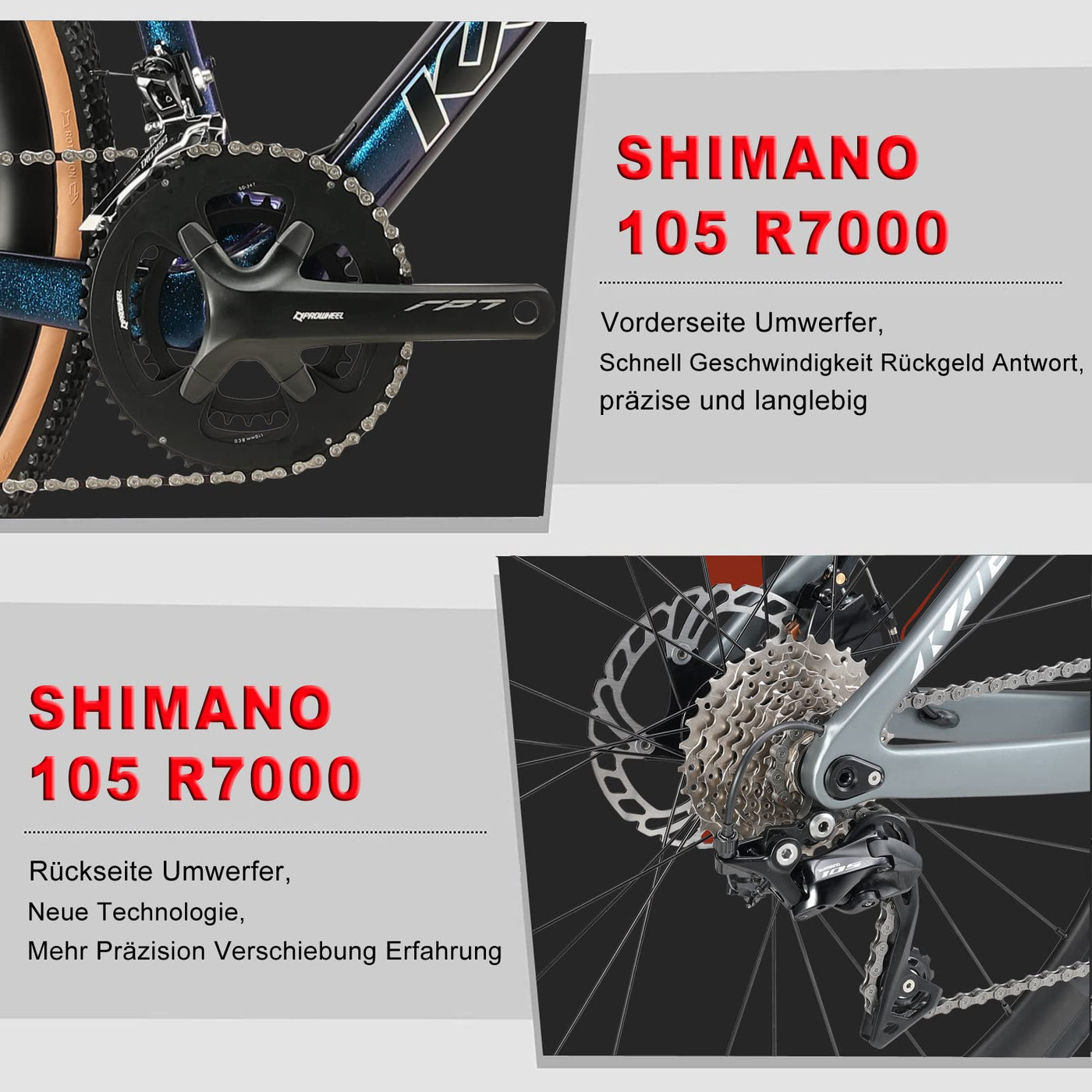 KABON Rennrad Carbon, Rennrad Herren 700c Rahmen,Gabel und Sattelstütze Lenker mit Shimano 105 R7000 22 Gänge Fahrrad Carbon rennrad für Herren Damen (Grau, 50cm)