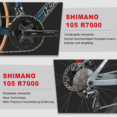 KABON Rennrad Carbon, Rennrad Herren 700c Rahmen,Gabel und Sattelstütze Lenker mit Shimano 105 R7000 22 Gänge Fahrrad Carbon rennrad für Herren Damen (Grau, 50cm)