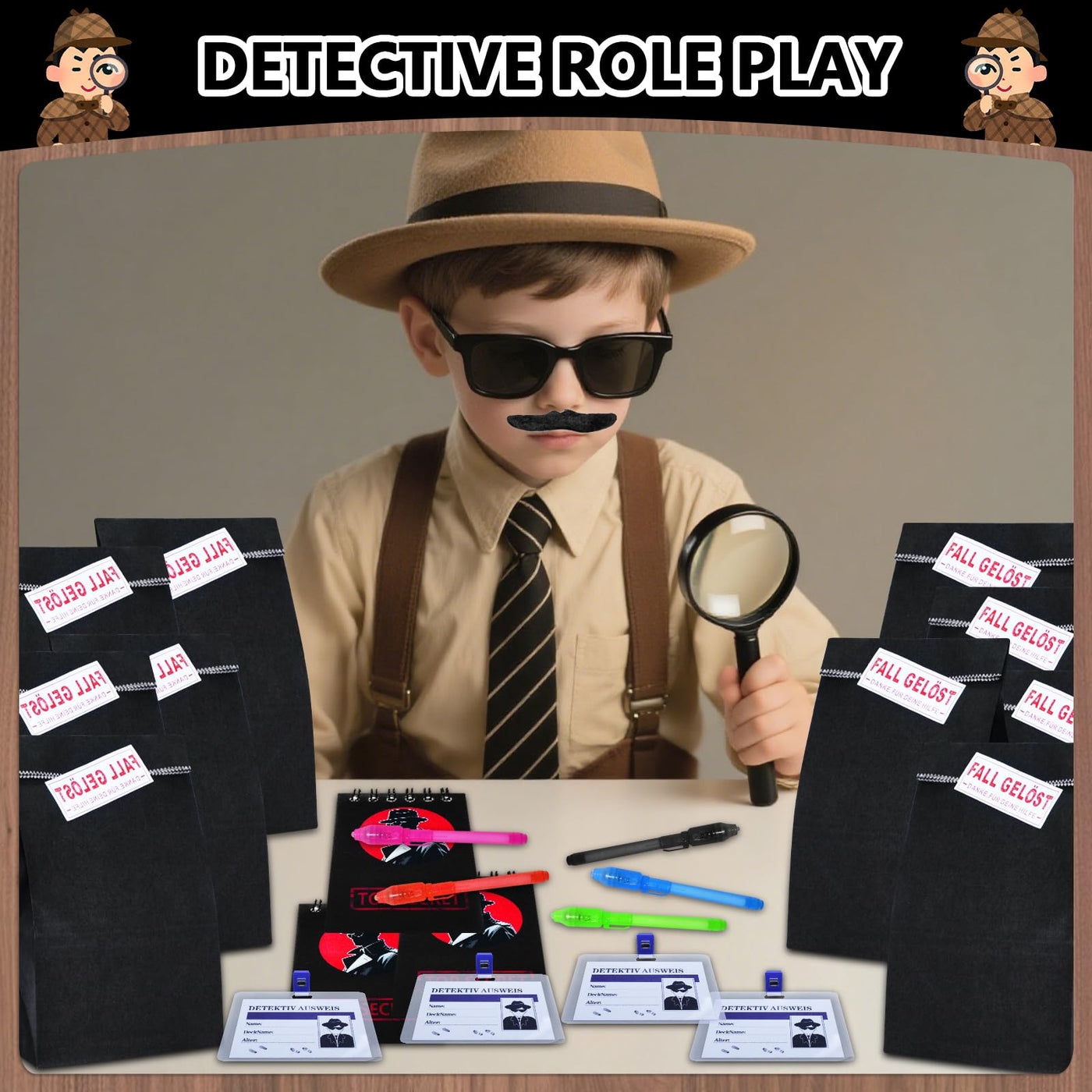 82STK Detektiv Set Kinder, Detektiv Kindergeburtstag Mitgebsel mit Geschenktüten, Geheimstift, Notizbuch, Lupe, Detektivausweis, Schnurrbart, Stempelkissen, Detektive Spielzeug für Jungen Mädchen