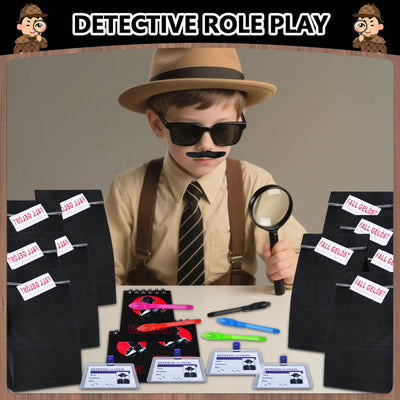 82STK Detektiv Set Kinder, Detektiv Kindergeburtstag Mitgebsel mit Geschenktüten, Geheimstift, Notizbuch, Lupe, Detektivausweis, Schnurrbart, Stempelkissen, Detektive Spielzeug für Jungen Mädchen