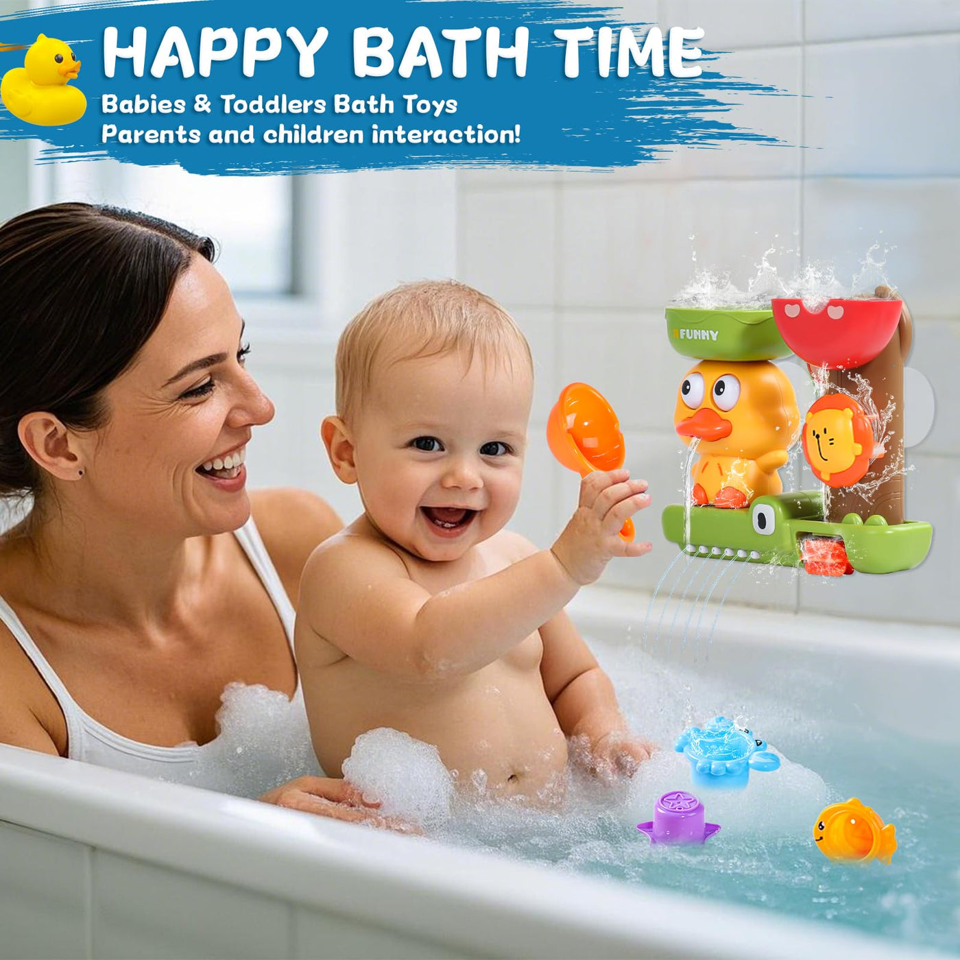 Badewannenspielzeug, Badespielzeug Baby ab 1 Jahr, Baby Spielzeug ab 1 Jahr, 1 Löffel & 3 Stapelbare Tier-Becher, Geschenk 1 2 3 Jahre Junge Mädchen, Wasserspielzeug Kinder ab 6-18 Monate