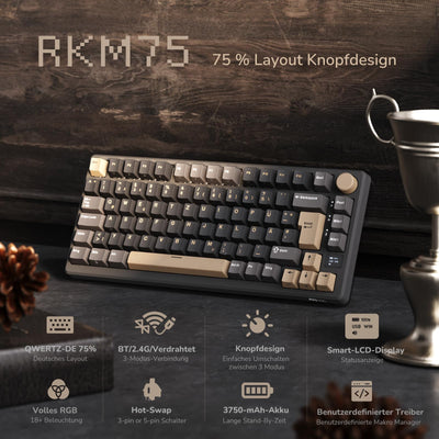 RK ROYAL KLUDGE M75 Gaming Tastatur kabellos 75% Prozent TKL Mechanische Tastatur RGB 2,4 GHz Wireless/Bluetooth/USB-C QWERTZ mit OLED-Smart-Display und Knopf Hot Swappable Roter Schalter, Grau