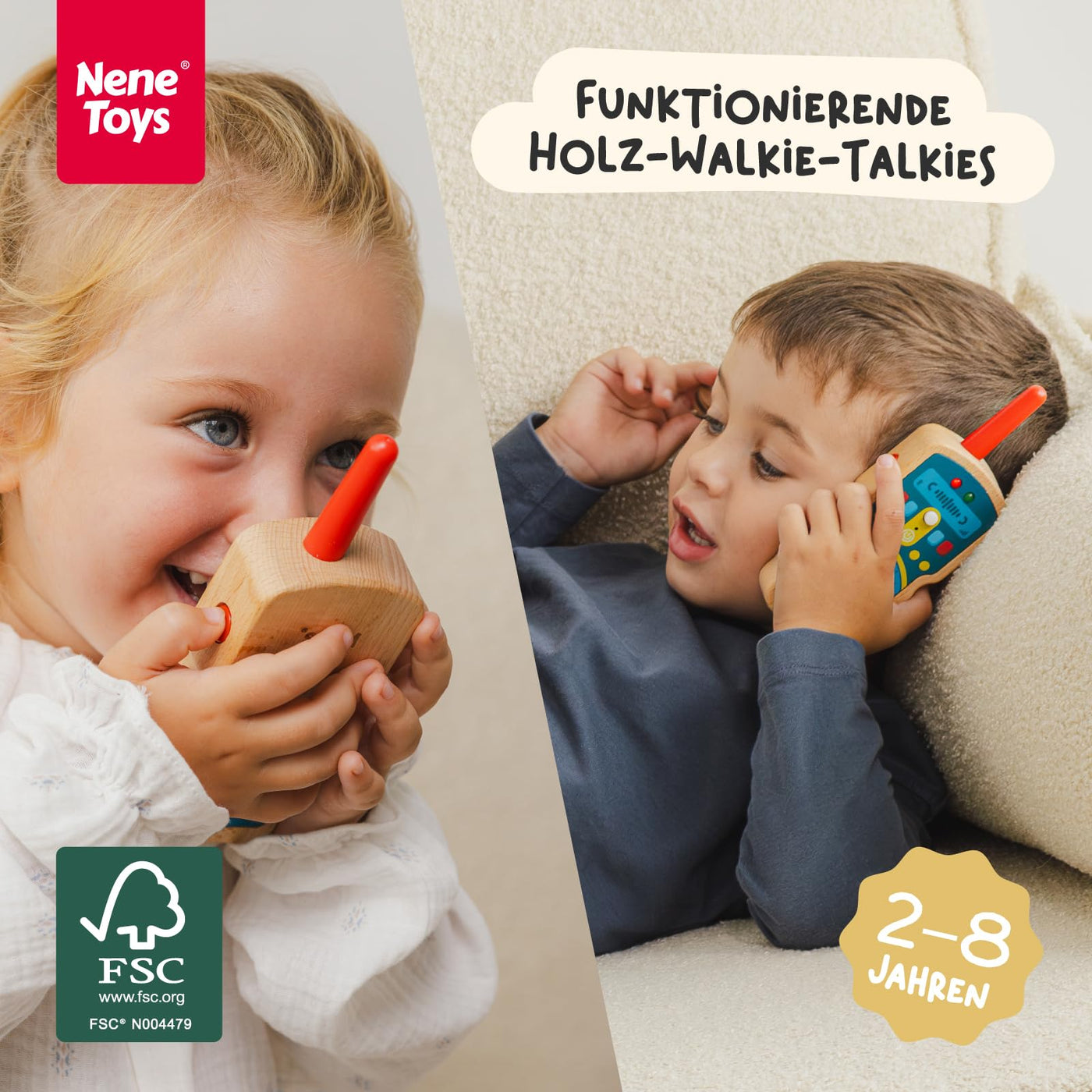 Nene Toys Holz Walkie Talkies für Kinder – echte 2-Wege-Funkgeräte, 500 m Reichweite – Ein-Kanal, Push-to-Talk – FSC® Buchenholz – Spielspaß drinnen & draußen – Geschenk für Jungen & Mädchen 2–8 Jahre