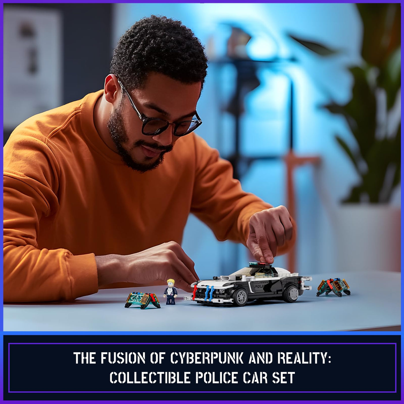 FUNWHOLE Polizeistreifenwagen Beleuchtetes Baustein-Set - Cyberpunk Stadt-Autojagd Spielset mit Polizist, 372 Teile, STEM Spielzeug für Erwachsene und Jugendliche