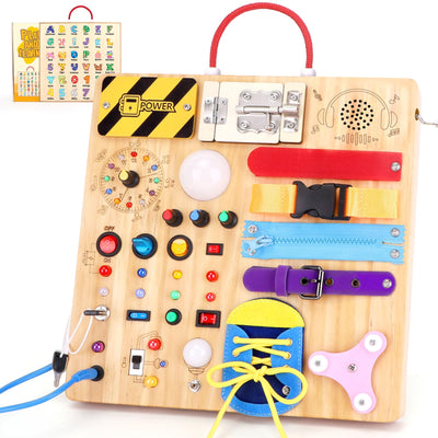 23 in 1 Busy Board Montessori Spielzeug ab 1 jahr Activity Board Spielzeug ab 2 3 jahre Holzspielzeug Sensory Spielzeug mit 15 Schalter,26 LED-Leuchten,Spieluhr,Schloss,Reißverschluss,Schnürsenkeln