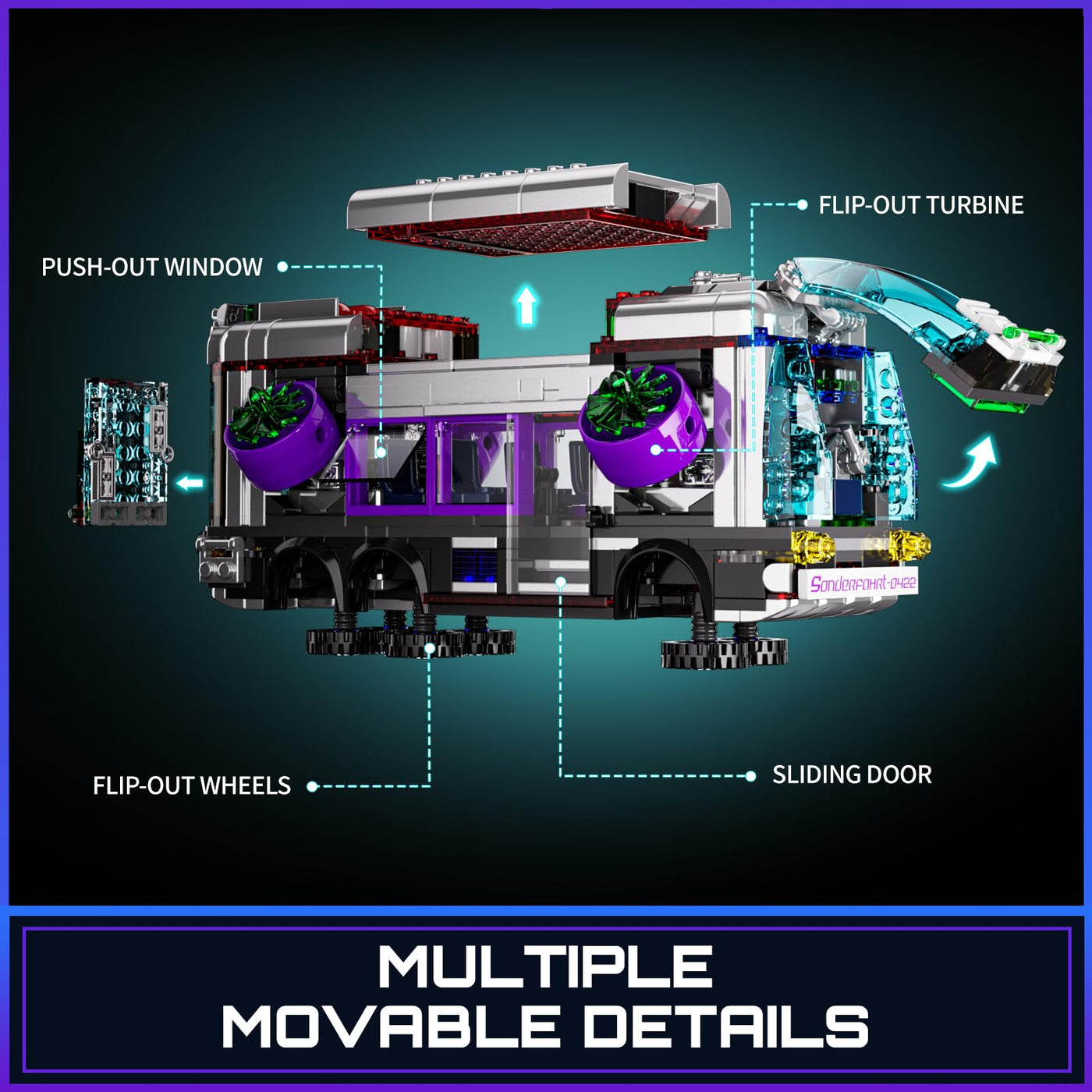 FUNWHOLE Cyberpunk Zukünftiger Bus mit LED-Beleuchtung – 2-in-1 Modell mit Licht, 605 Teile für Sci-Fi-Fans und Erwachsene, Perfekte Cyberpunk-Stadt-Deko
