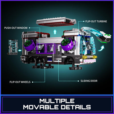 FUNWHOLE Cyberpunk Zukünftiger Bus mit LED-Beleuchtung – 2-in-1 Modell mit Licht, 605 Teile für Sci-Fi-Fans und Erwachsene, Perfekte Cyberpunk-Stadt-Deko