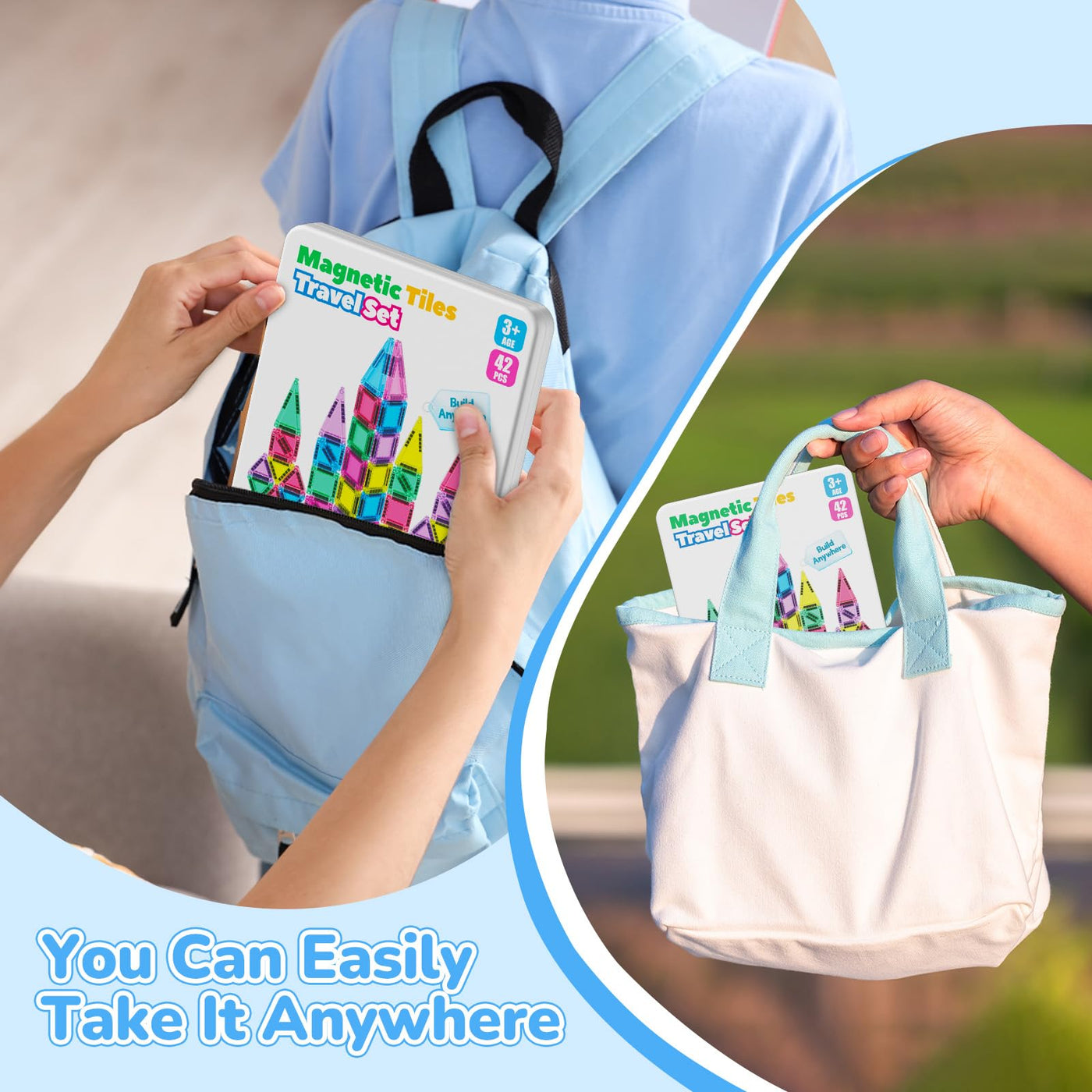 Magnetische Tiles Konstruktion Set 42pcs Reisespielzeug für Kinder Tragbar Reisen MINI Magnetische Fliesen Spielzeug Magnetische Baukasten Montessori Spielzeug Geschenk für 3+ Jahre Kleinkinder