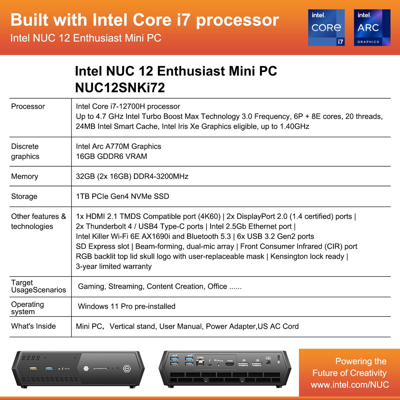 Intel NUC 12 Enthusiast Mini Gaming PC Serpent Canyon, 32GB RAM & 1TB SSD, Intel Core i7-12700H Prozessor (24M Cache, bis zu 4,70 GHz), Intel Arc A770M Grafik mit 16GB GDDR6 VRAM (NUC12SNKi72)